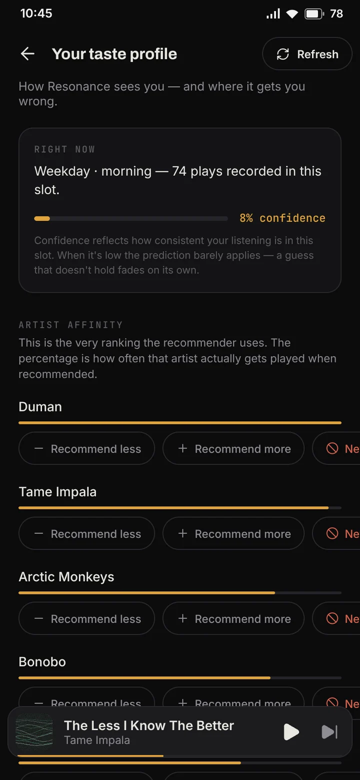 The taste profile the recommender uses — editable