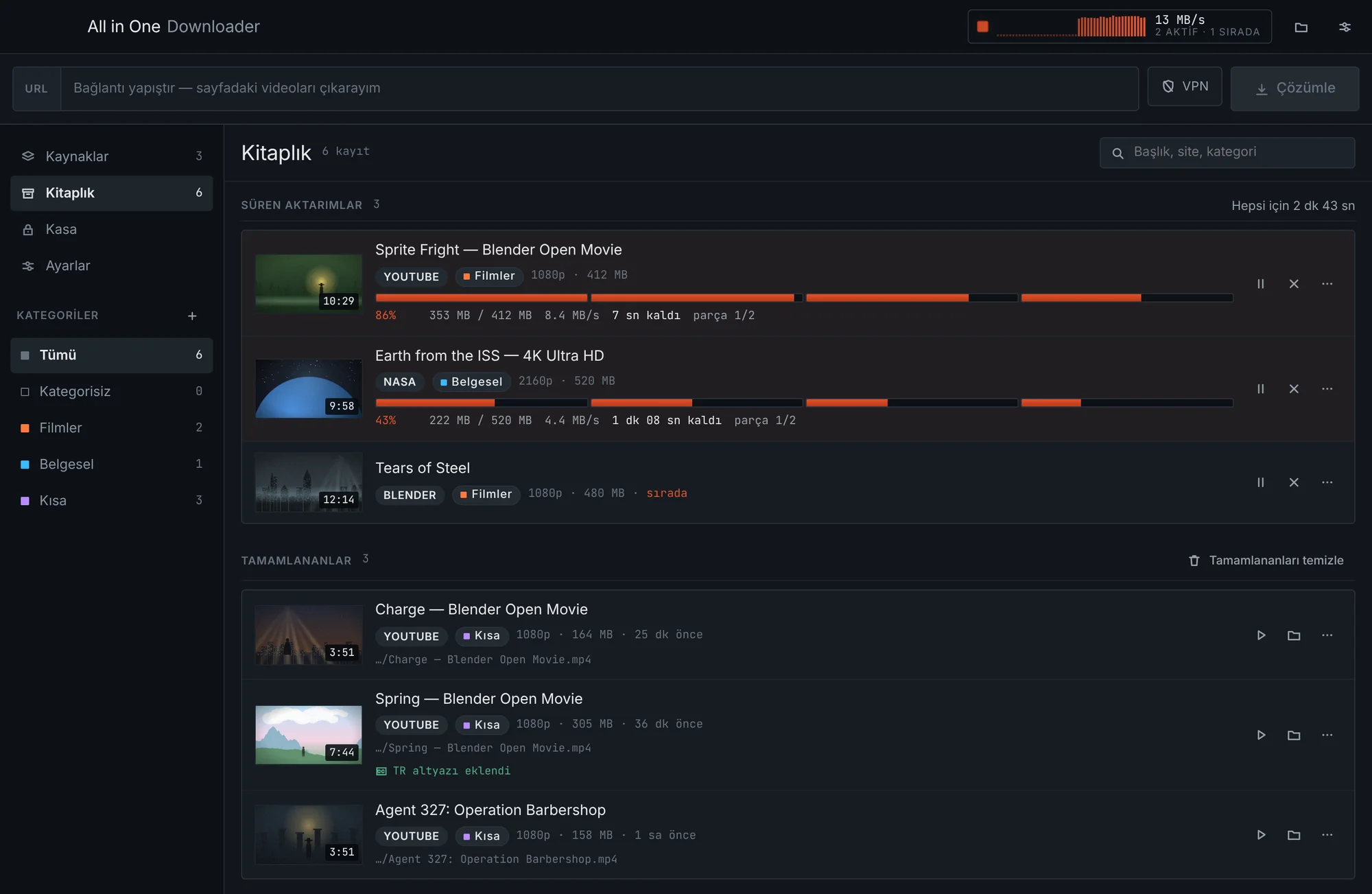 Library: live transfers, four connections each, and what is left for the whole queue