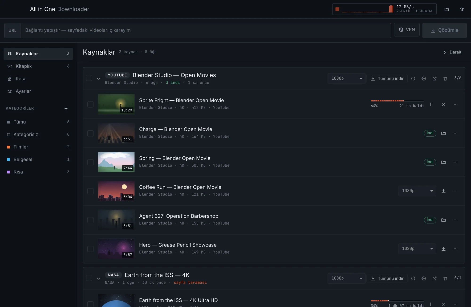 Sources: every link is a group, every video shows its size per quality