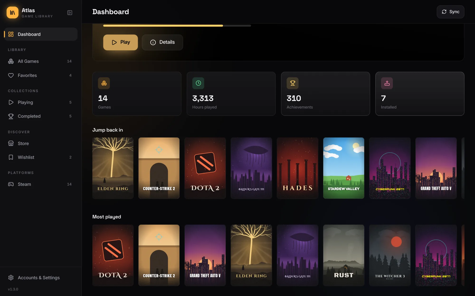 Dashboard: hours played, achievements, jump back in