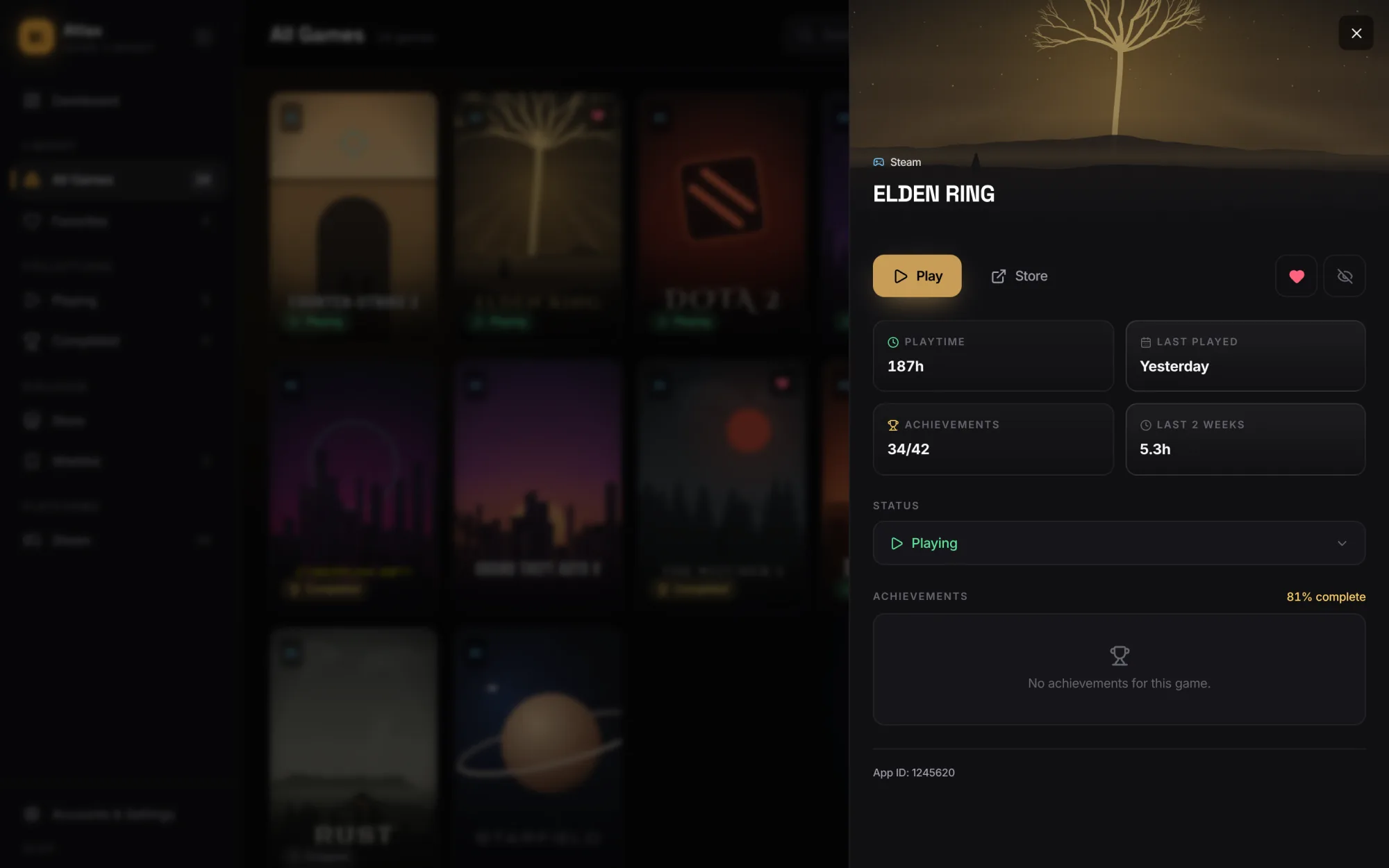 Game detail with playtime and status