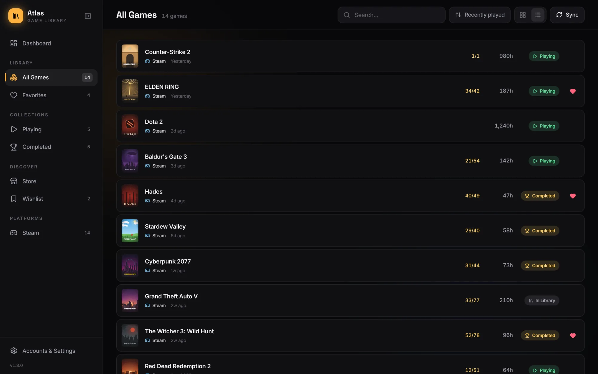 List view with achievements