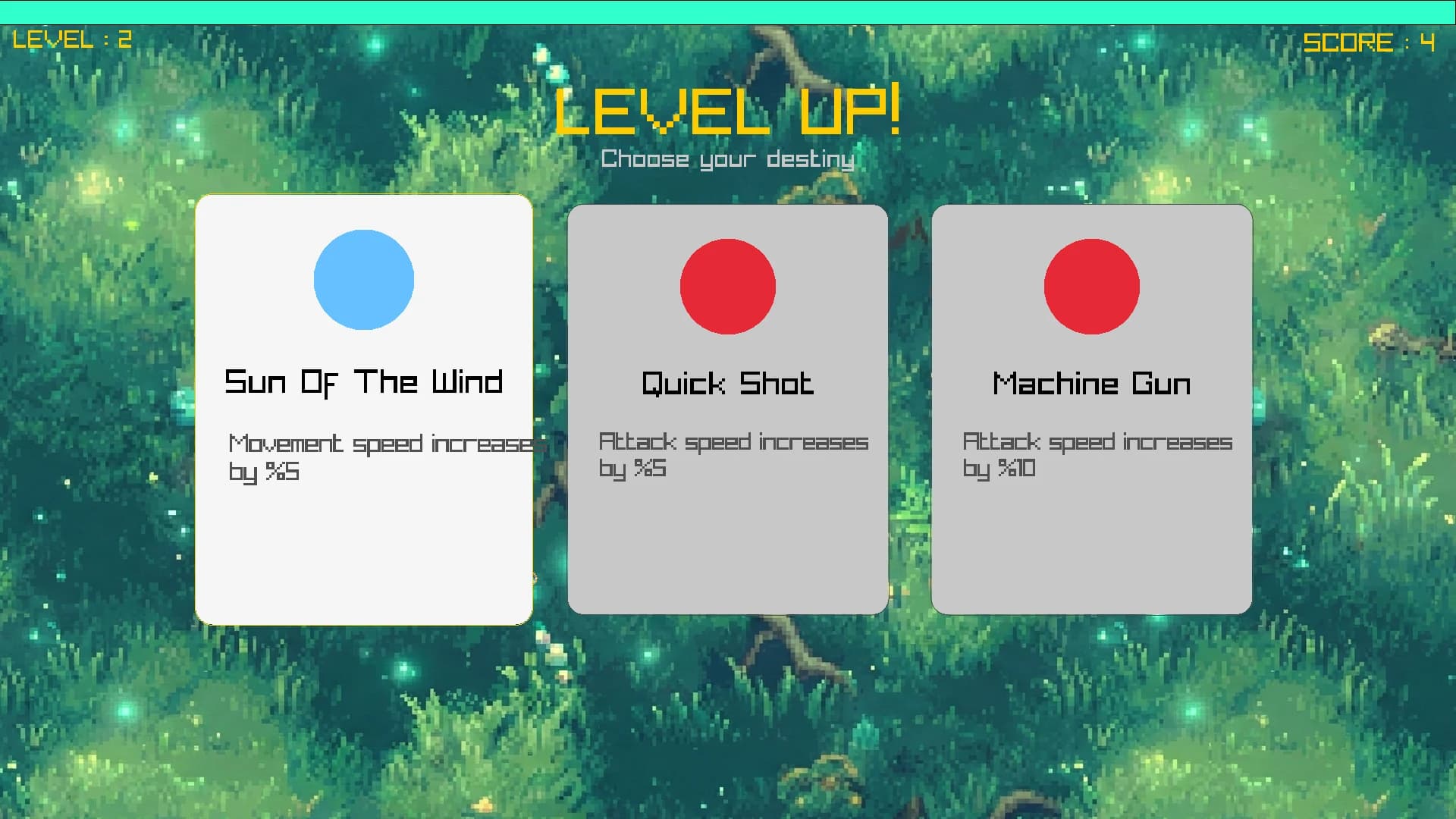 Level up: three random upgrade cards