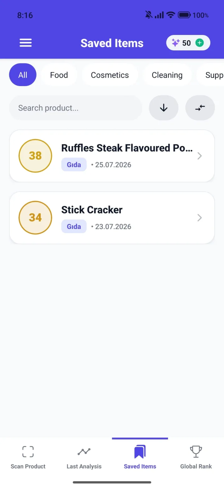 Saved products, searchable