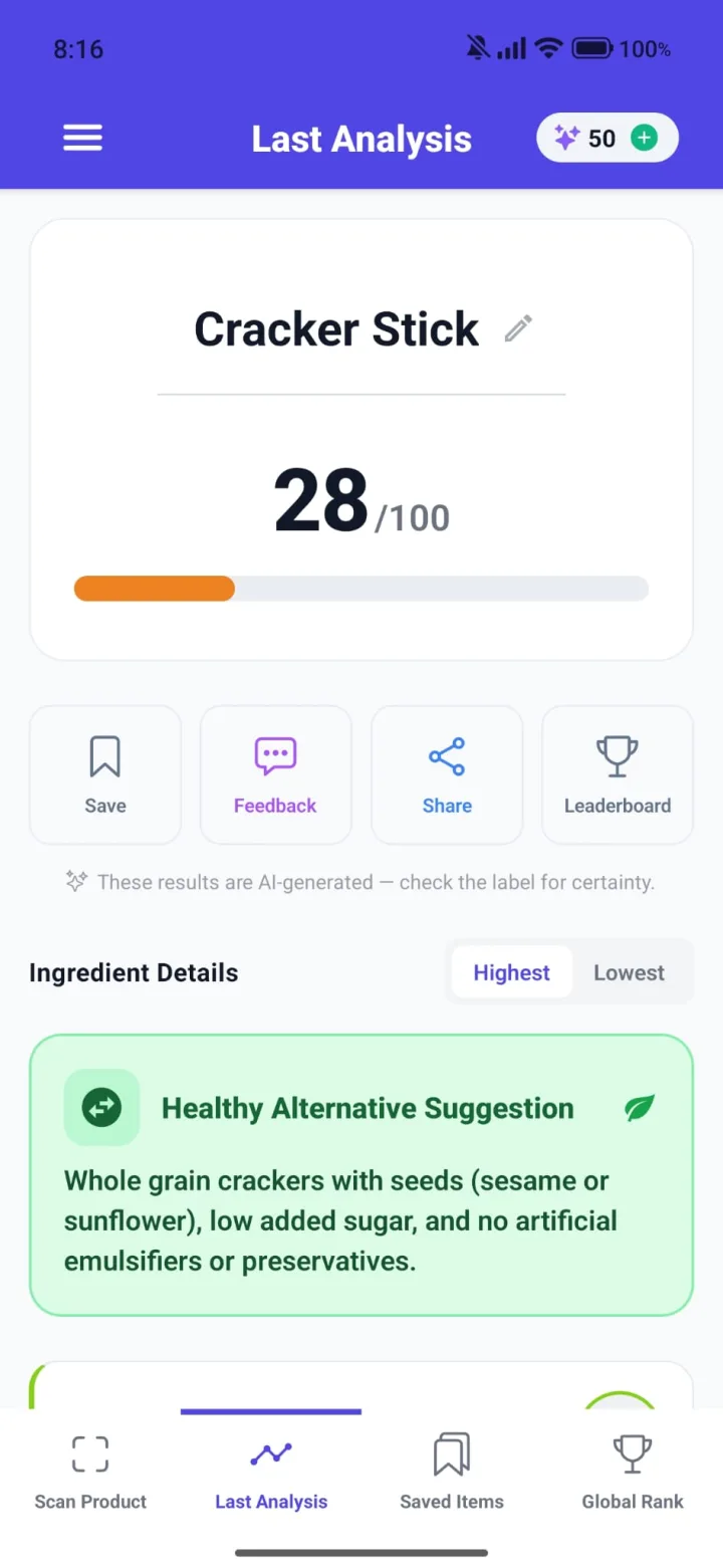 A result: 28/100, every ingredient scored