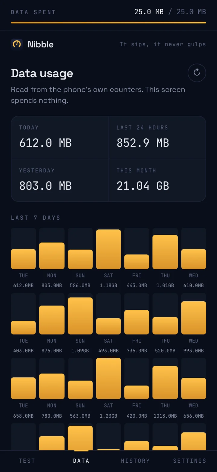 Data usage from the phone's own counters — this screen costs nothing