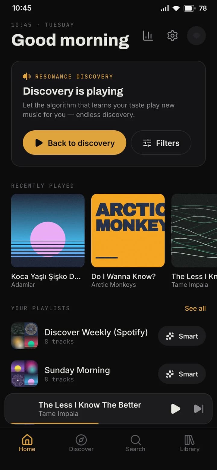 Home: discovery playing, recent plays, playlists